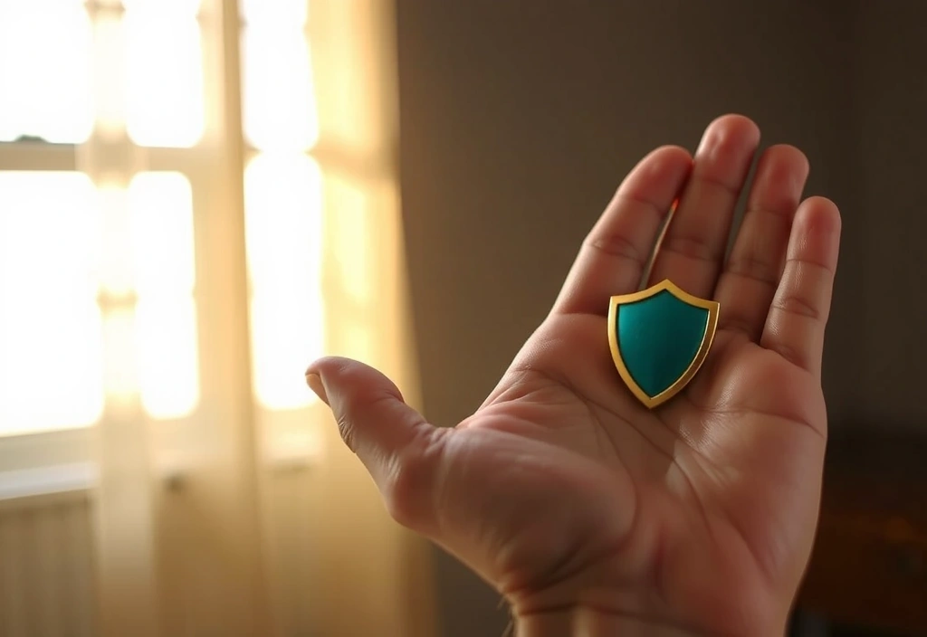 Mano extendida con un pequeño escudo en el centro, simbolizando confianza y protección